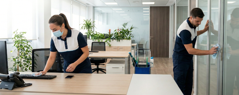personal de limpieza en un servicio de limpieza y desinfección de oficinas